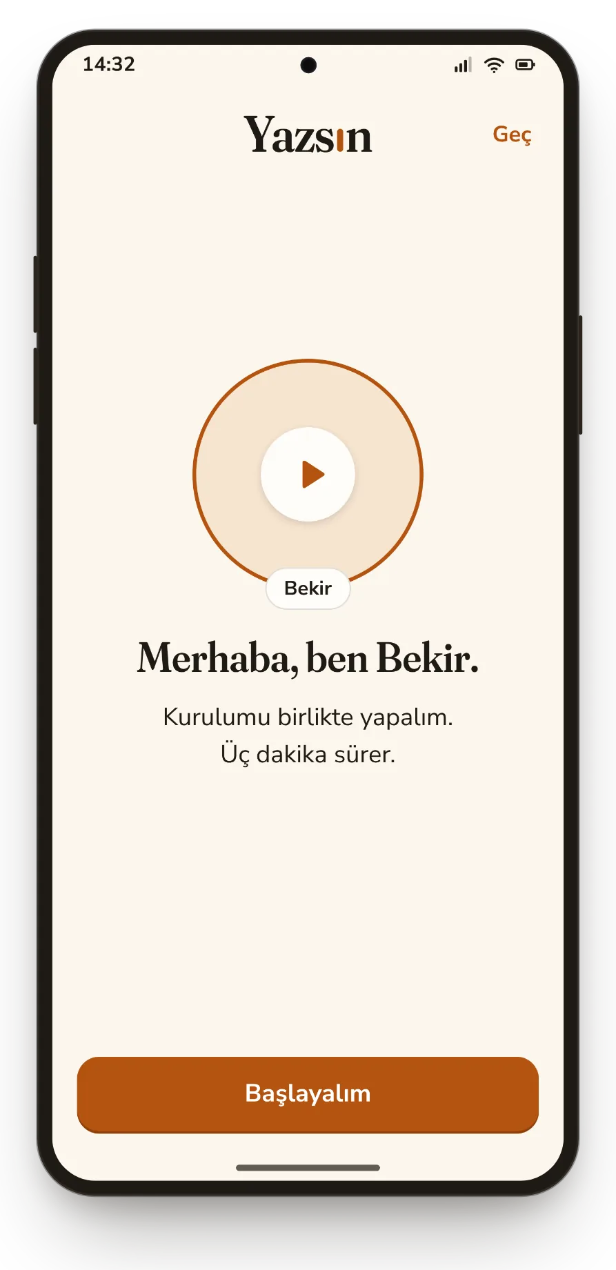 Kurulum ekranı: Merhaba, ben Bekir. Kurulumu birlikte yapalım.